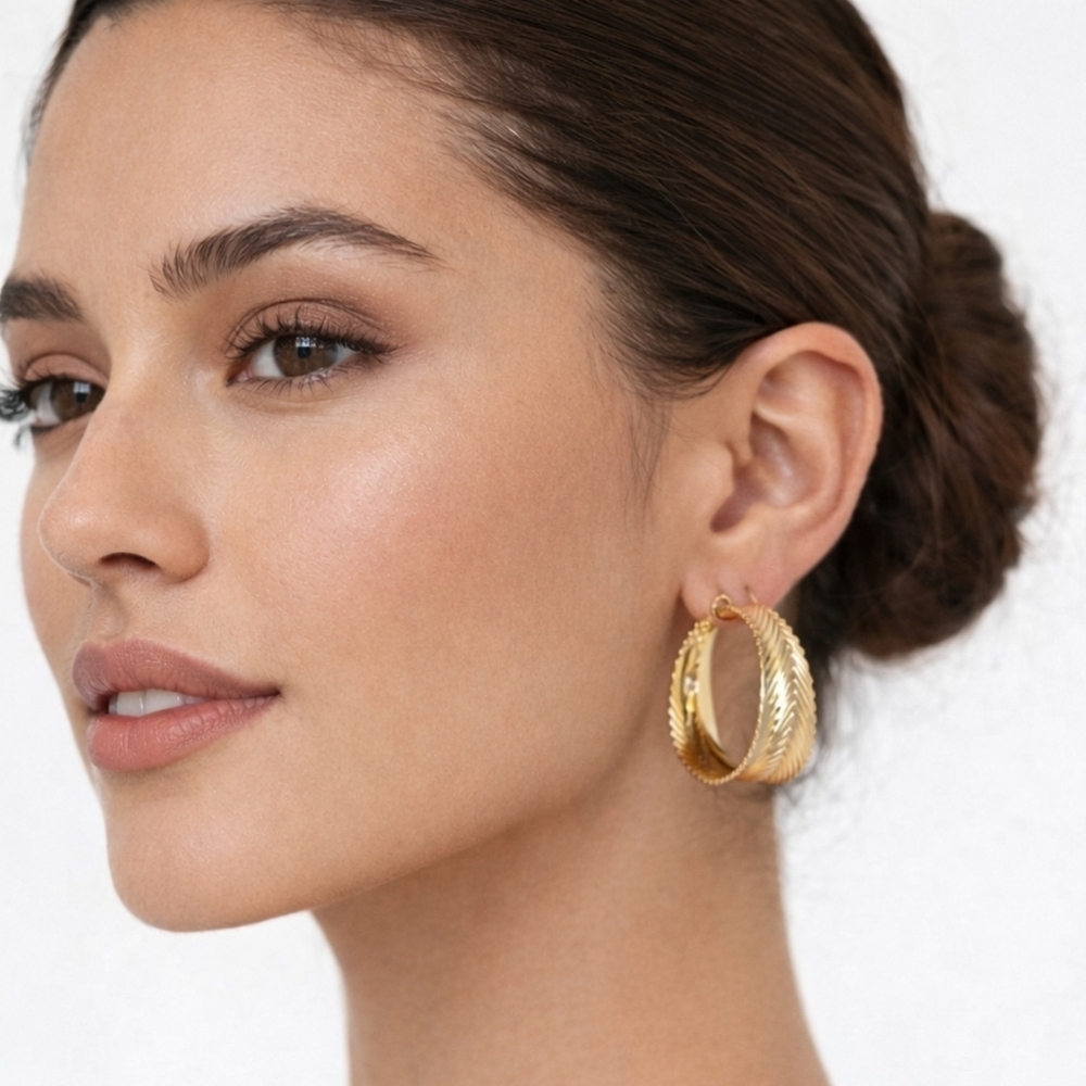 14K Gold Plated Hoop Earrings Textured Twist Design Large Statement Hoops